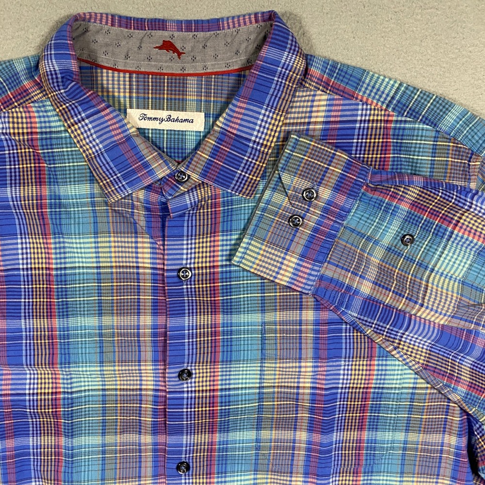 Tommy Bahama Button Down Shirt Mens XL Blue Plaid Cotton Silk Blend Long Sleeve